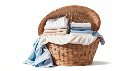 Stack of clean clothes and basket with clean laundry Generative AI