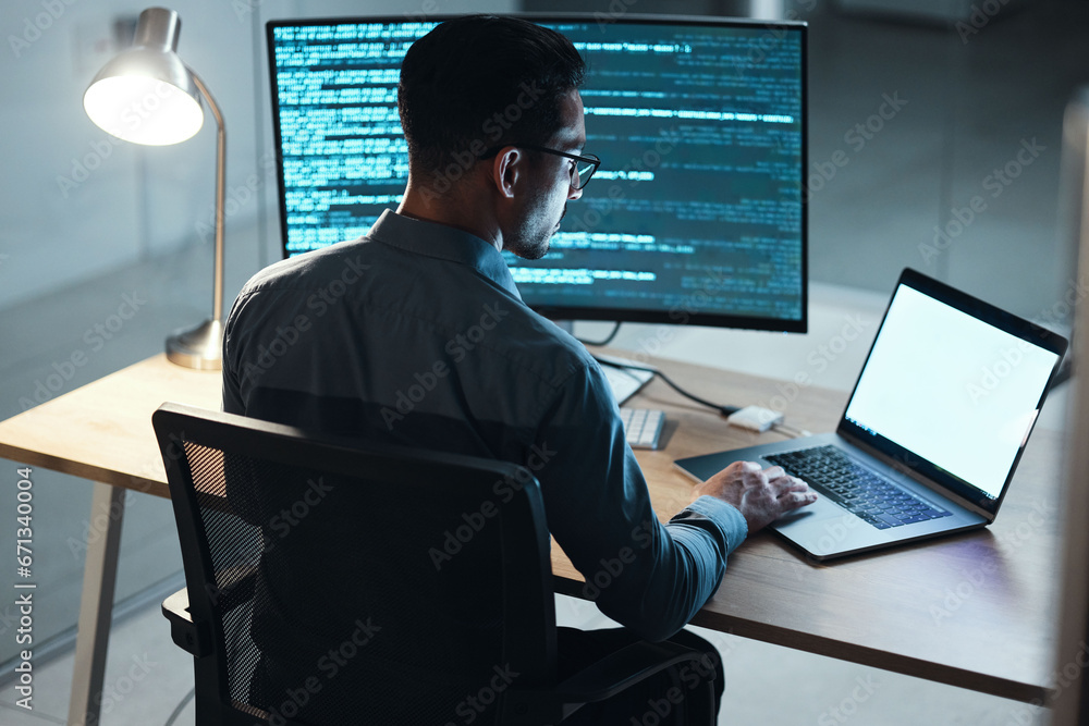 Aufkleber Man, night and coding in office, computer or blank screen for mockup space with html, programming or web design. Tech expert, information technology or developer with typing, laptop or dark workplace