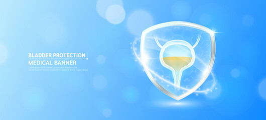 Bladder inside glass shield glowing with medical icon sign symbol on blue bokeh lights background. Medical health care innovation immunity protection. Human anatomy organ translucent. Banner vector.