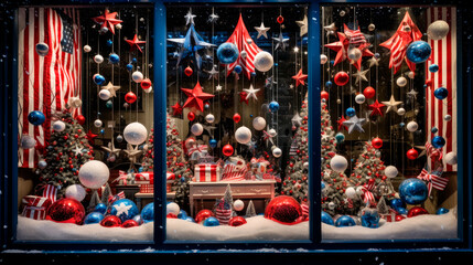 Patriotic themed Christmas decorations in a shop window