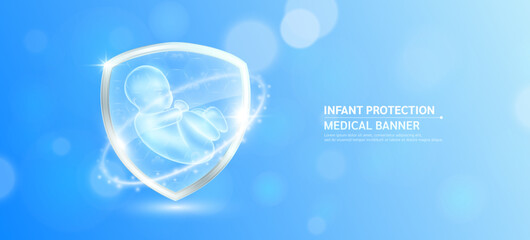 Child infant inside glass shield glowing with medical icon sign symbol on blue bokeh lights background. Human anatomy organ translucent. Medical health care innovation immunity protection. Vector.
