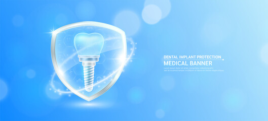 Dental implant inside glass shield glowing with medical icon sign symbol on blue bokeh lights background. Human anatomy organ translucent. Medical health care innovation immunity protection. Vector.