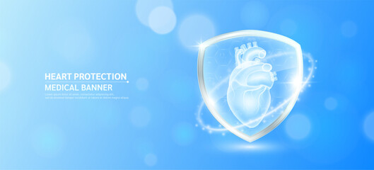 Heart inside glass shield glowing with medical icon sign symbol on blue bokeh lights background. Human anatomy organ translucent. Medical health care innovation immunity protection. Banner vector.
