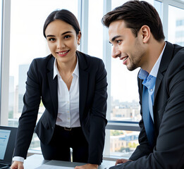Two business people  workers discussing  at corporate office meeting.