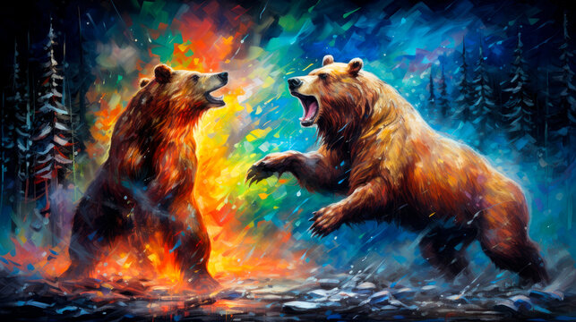 Two grizzly bears playfully fighting against a rainbow background