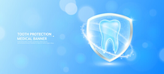 Tooth inside glass shield glowing with medical icon sign symbol on blue bokeh lights background. Medical health care innovation immunity protection. Human anatomy organ translucent. Banner vector. - obrazy, fototapety, plakaty