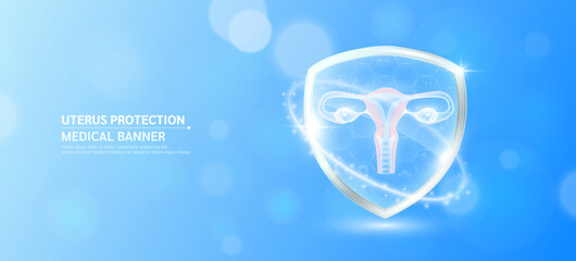 Uterus inside glass shield glowing with medical icon sign symbol on blue bokeh lights background. Medical health care innovation immunity protection. Human anatomy organ translucent. Banner vector. - obrazy, fototapety, plakaty