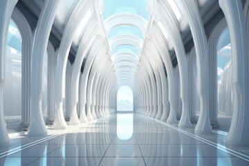 Sleek white hallway with dynamic light patterns, adding a touch of futurism and movement, Generative AI 