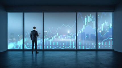 Businessman near panoramic window and night cityscape, forex diagrams and chart. Ai generative