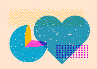 Risograph heart with geometric shapes. Objects in trendy riso graph print texture style design with geometry elements.