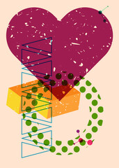 Risograph heart with geometric shapes. Objects in trendy riso graph print texture style design with geometry elements.