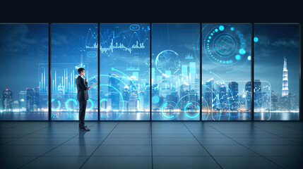 Fototapeta na wymiar Businessman in office near panoramic window, forex chart with dashboard. Ai generative