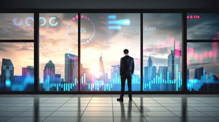 Businessman in office near panoramic window, forex graph chart with dashboard. Ai generative