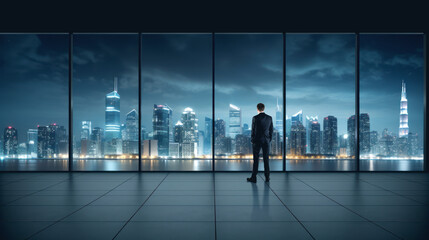 Fototapeta na wymiar Businessman in office company room looking at the skyscrapers at night. Ai generative