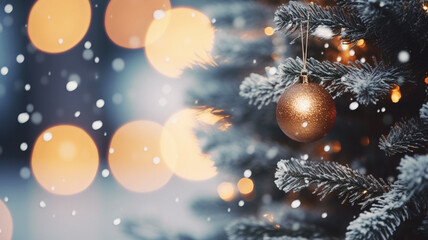 Christmas tree outside on a snowy night