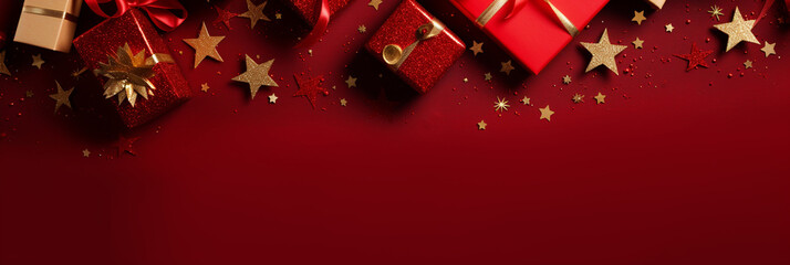 Christmas present gift boxes on a deep red background