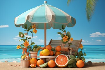 Beach umbrella and tropical fruits, promoting healthy and refreshing summer snacking by the sea, Generative AI.