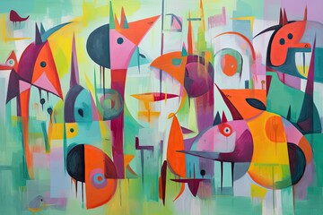Birds colorful painting, Bauhaus style abstract illustration