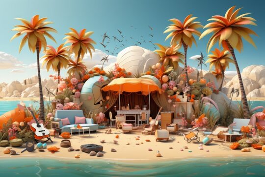 Beachside music festival with a beach umbrella, instruments, and a crowd, representing lively summer entertainment, Generative AI.