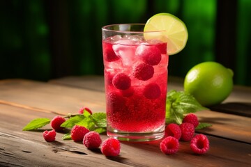 A Vibrant Glass of Raspberry Limeade Topped with Fresh Berries and Citrus Slices on a Rustic Table