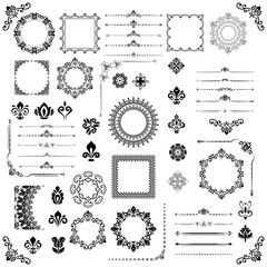 Vintage black and white set of horizontal, square and round elements. Elements for backgrounds, frames and monograms. Classic patterns. Set of vintage patterns - 671342695