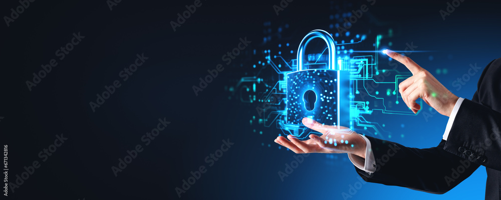 Aufkleber man hands and finger touching security hologram with lock, copy space. ai generative