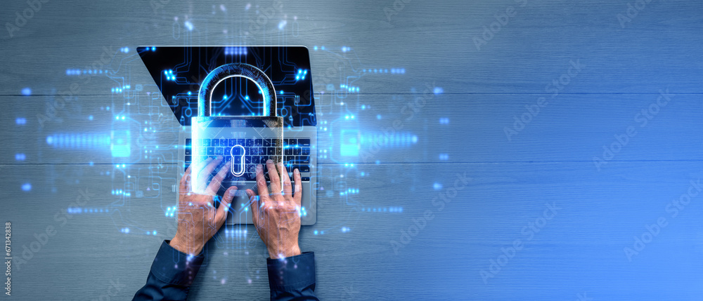 Poster top view of man hands typing on laptop, padlock and abstract circuit copy space. ai generative