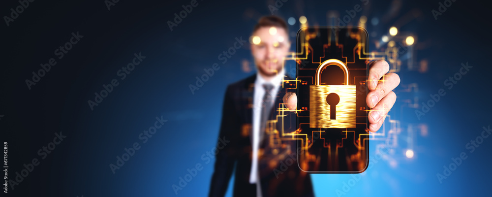 Poster businessman showing phone with golden padlock hologram and circuit. copy space. ai generative