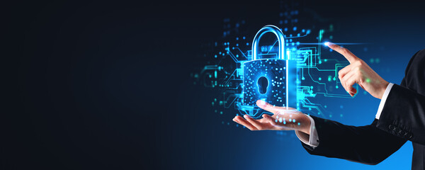 Man hands and finger touching security hologram with lock, copy space. Ai generative