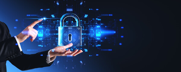 Man hands and finger touching padlock hologram with circuit board. Ai generative