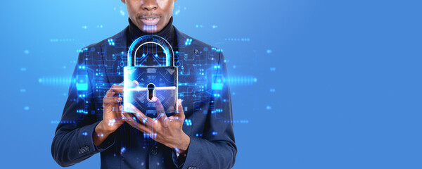 African businessman working with tablet, padlock hologram with circuit board. Ai generative