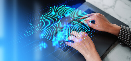 Top view of businesswoman typing keyboard, fingerprint hud hologram. Ai generative