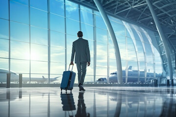 Businessman waiting to board flight at airport - obrazy, fototapety, plakaty