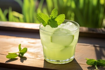 A delightful honeydew mix beverage served in a tall glass with a sprig of mint under the bright summer sun