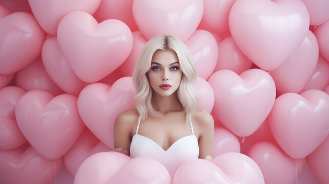 Blonde model woman with pink heart balloons