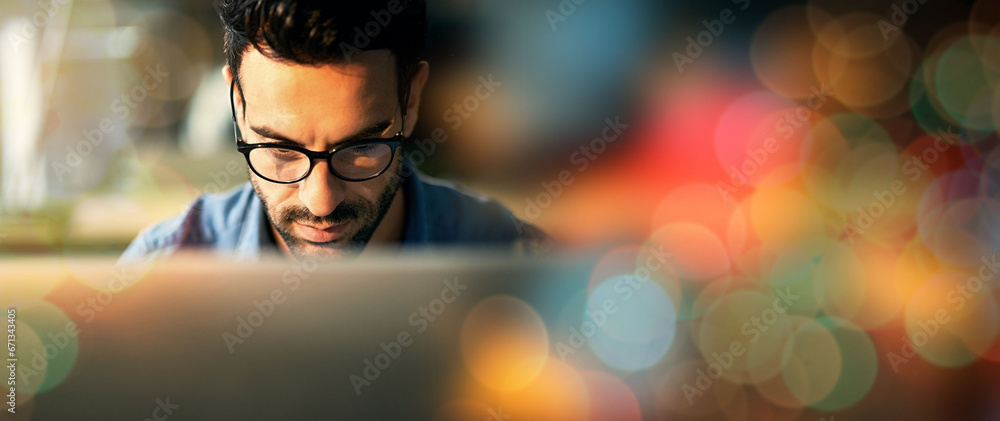 Aufkleber Computer, working and man with digital overlay or bokeh for information technology, software development and coding. Geek, person or worker on desktop pc for code, developer strategy and programming