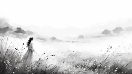 person in the fog chinese Ink wash painting