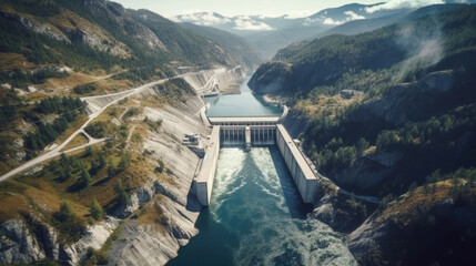 Aerial view of Hydroelectric power dam on a river in mountains.