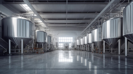 Brewery or alcohol production factory. Large steel fermentation tanks in spacious hall.