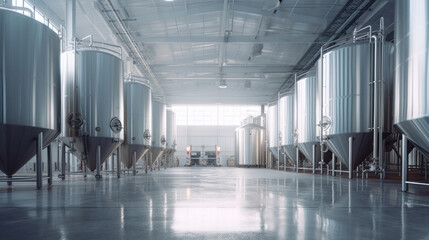 Brewery or alcohol production factory. Large steel fermentation tanks in spacious hall.