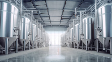 Brewery or alcohol production factory. Large steel fermentation tanks in spacious hall. - Powered by Adobe