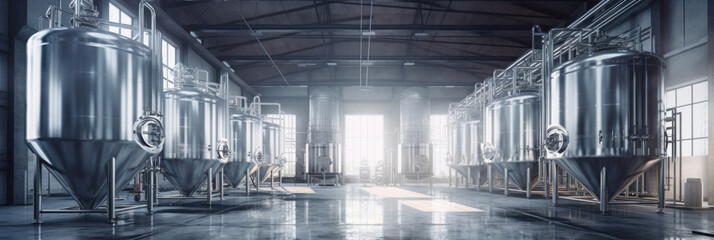 Brewery or alcohol production factory. Large steel fermentation tanks in spacious hall.