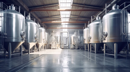 Brewery or alcohol production factory. Large steel fermentation tanks in spacious hall. - obrazy, fototapety, plakaty