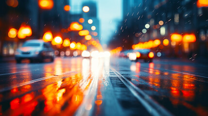 Obraz premium Street traffic in the city at dusk in the rain