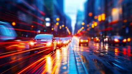 Street traffic in the city at dusk in the rain - Powered by Adobe