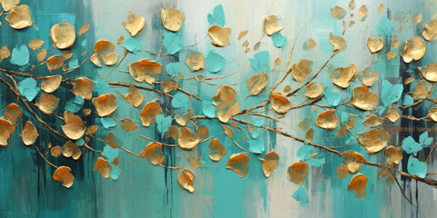 Abstract turquoise green gold painted oil acrylic painting of floral leaves on canvas