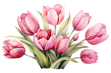 Watercolor illustration of bouquet of tulips isolated on transparent background