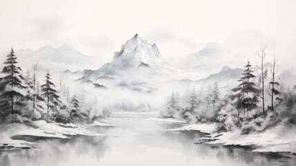 Fototapeta premium mountain snow and river chinese Ink wash painting