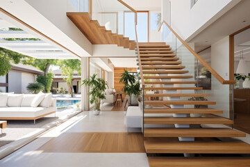 Contemporary white modern house featuring a wooden staircase within.