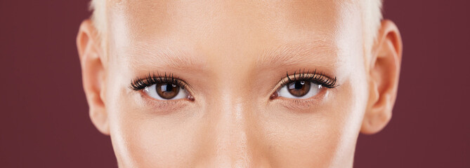 Portrait, woman eyes and beauty makeup with mascara and eyebrows bleached in a studio. Cosmetics,...